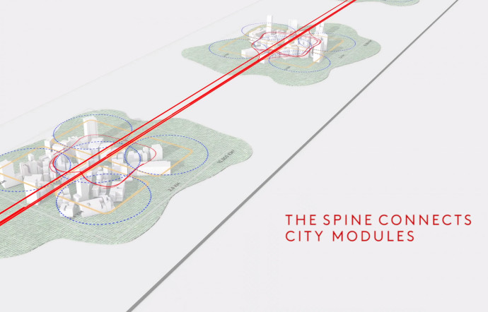 « The Spine » relie les villes-modules entre elles. Dans chaque ville, tous les services seront accessibles en 5 minutes de marche.