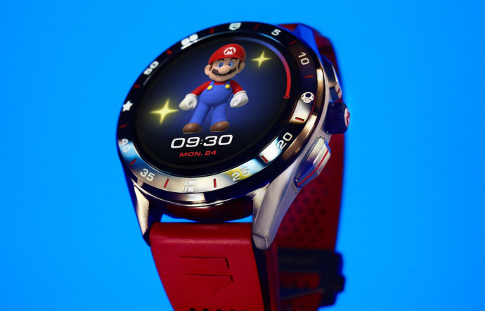 Montre TAG Heuer Connected x Super Mario Limited Edition. 2000 exemplaires. Boîtier en acier, diamètre 45 mm, épaisseur 13,5 mm. Étanche jusqu’à 50 m. www.tagheuer.com