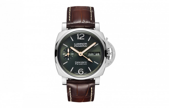 Panerai Luminor Calendrier Perpétuel Platinumtech, boîtier 44 mm en Platinumtech, bracelet en alligator, 66 000 €.