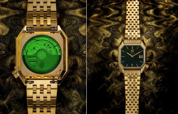 Montre March LA.B Mansart en or 18 carats, bracelet acier plaqué or 10 microns, 13 995 € (11 995 € avec bracelet alligator made in France).
