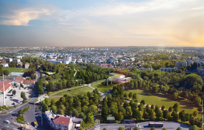 Vue aérienne du téléphérique C1 dans le secteur Val-de-Marne en région parisienne.