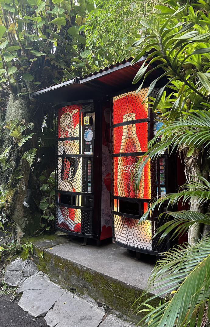 Pas plus de restaurants que d’hôtels à Teahupoo… Deux snacks assurent aux surfeurs un regain d’énergie, tout comme ce distributeur Coca-Cola.