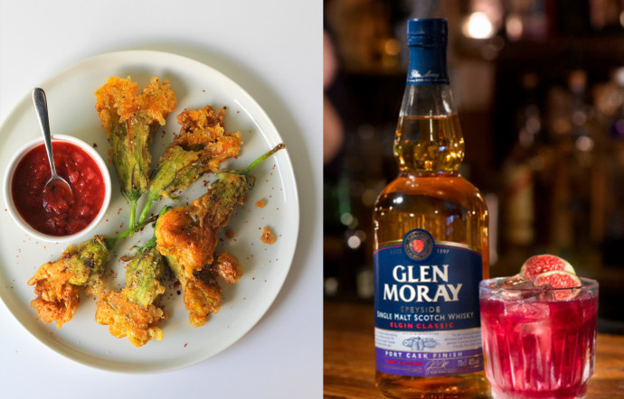 Des beignets de fleurs de courgette, fromage de chèvre et miel servis avec un cocktail à base de Glen Moray Sherry Cask Finish.
