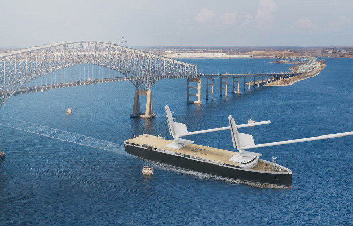Projection 3D du Neoliner près du pont de Baltimore, sur lequel le navire pilote doit faire cap en 2025.