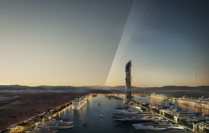 Images de synthèse présentant le projet The Line dans son environnement : une ville miroir de 170 km de long et 500 m de haut au cœur du désert, en Arabie saoudite.