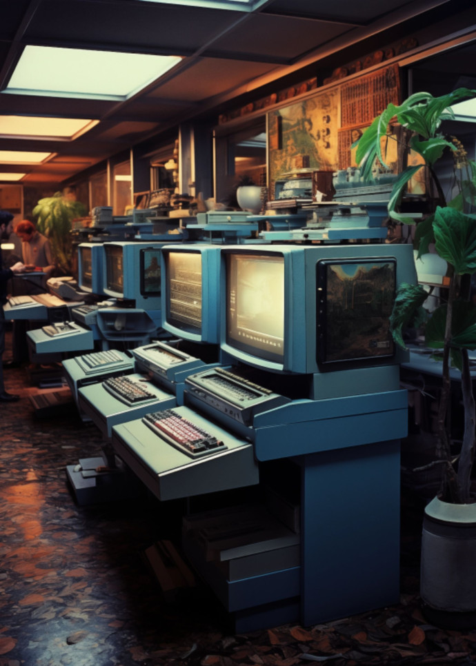Interprétation par l’intelligence artificielle de ce qu’était une salle de serveurs en 1984.