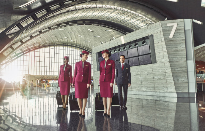 Les hôtesses de l’air de la compagnie aérienne Qatar Airways.