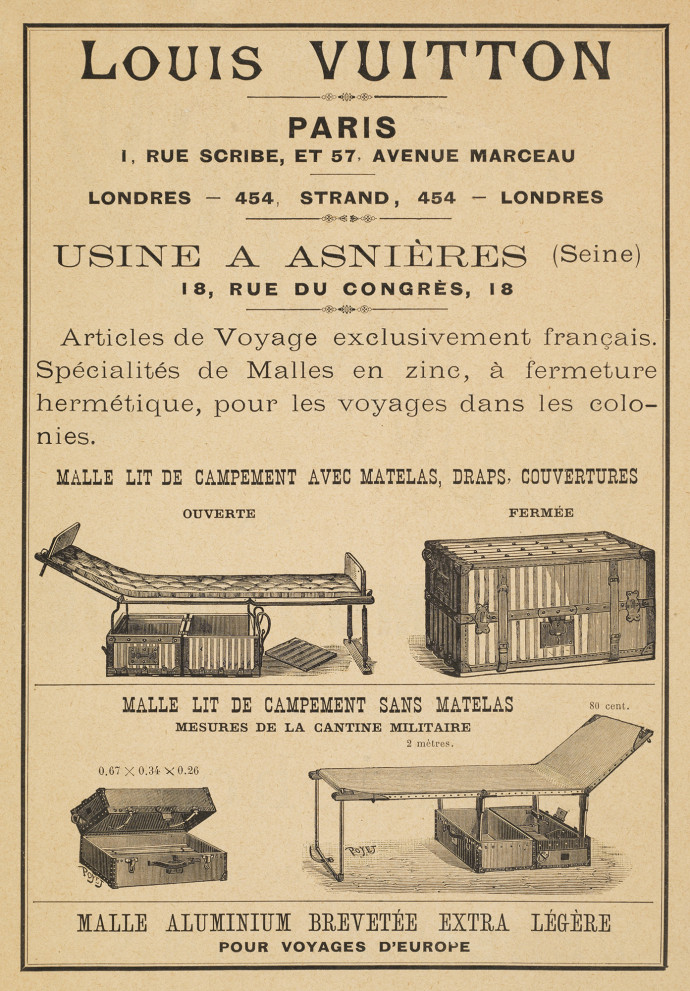 Publicite pour la Malle Lit de Campement Louis Vuitton avec ou sans matelas (mesures de la cantine militaire), articles de voyage exclusivement francais. – Années 1895.