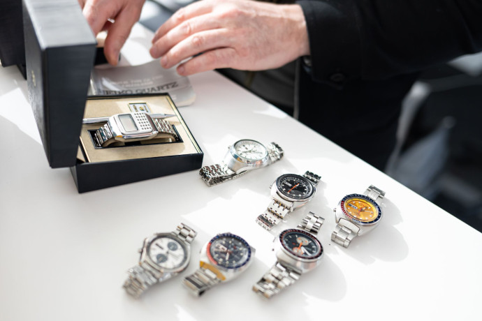 Un aperçu de la collection personnelle de Gilles Vidal. Au premier plan, la Seiko 5 Sports Speed-Timer de calibre 6139, l’un des premiers chronographes automatiques au monde.