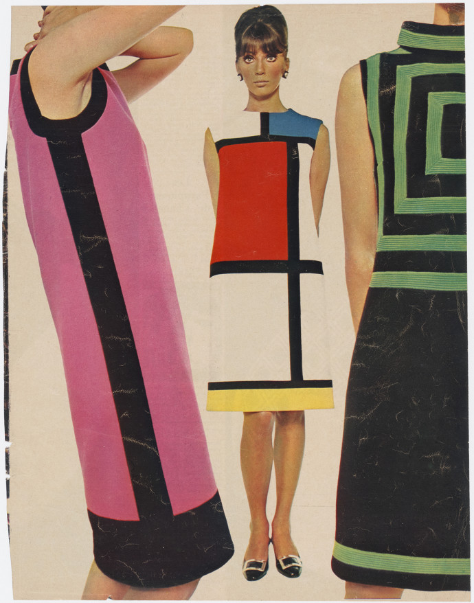 Peter Knapp. ELLE, septembre 1965. Robes de cocktail de la collection haute couture automne-hiver 1965 dite « hommage à Piet Mondrian ».Avec l’aimable autorisation d’Yves Saint Laurent / Jeanne Lanvin-Castillo / Peter Knapp.