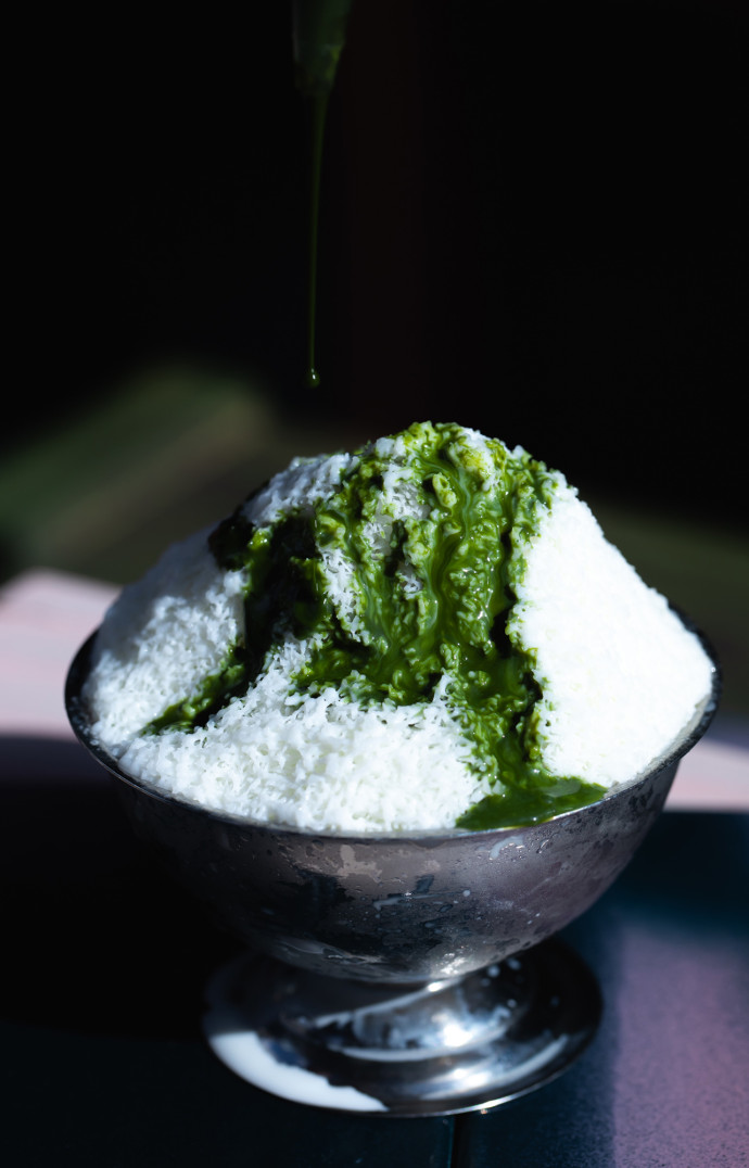 Un bingsu nappé de matcha.